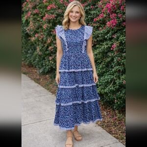 Simply Southern Navy Blue Floral Tiered Ruffle Dress with Pink Trim